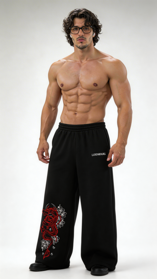 Crimson Dragon Wide-Leg Cotton Joggers
