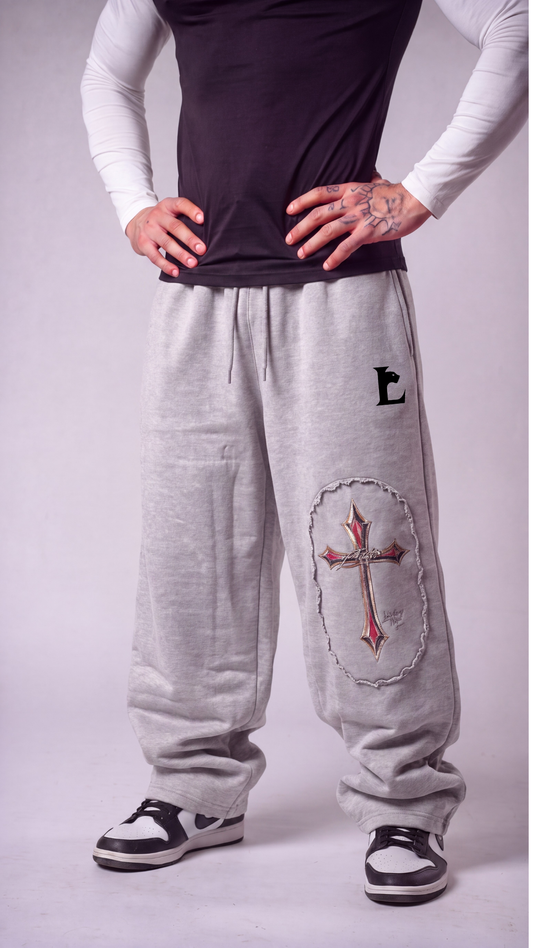 Vintage Cross Patch Baggy Sweatpants – Grey