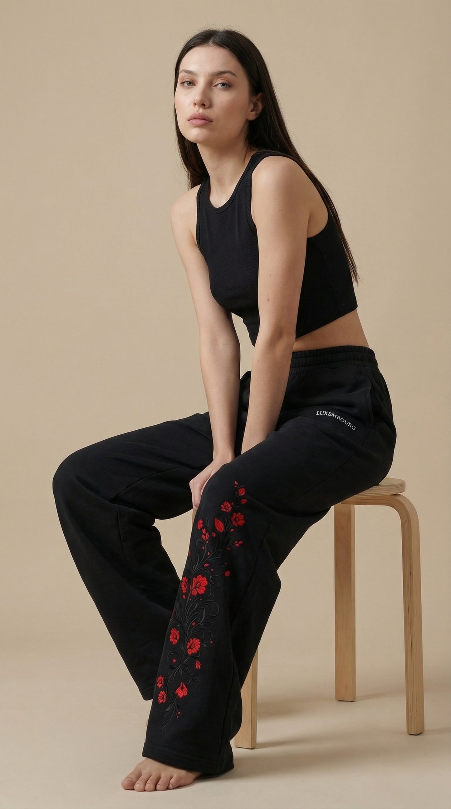 Crimson Bloom Cotton Joggers