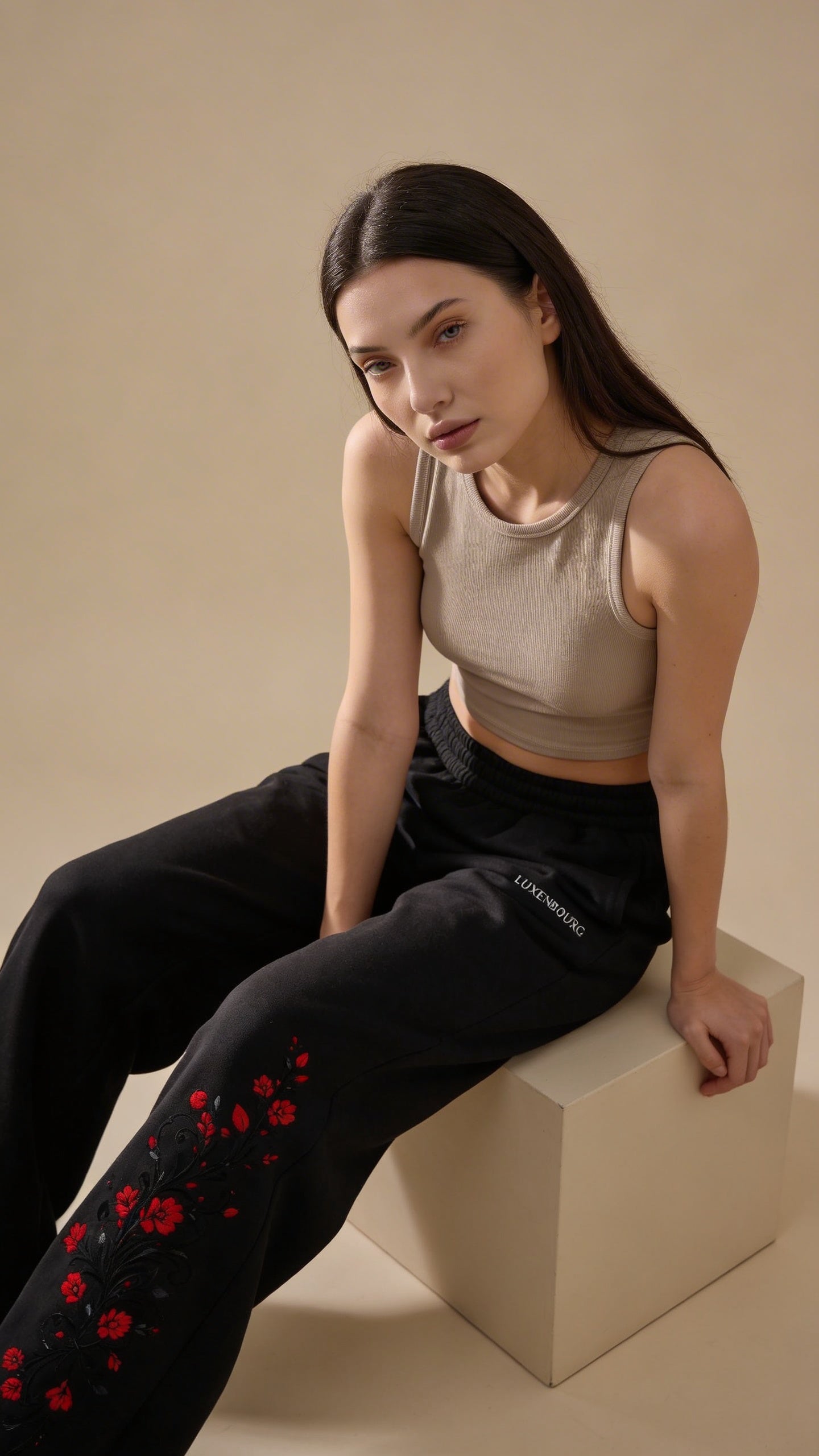 Crimson Bloom Cotton Joggers