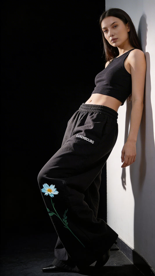 Black Daisy Statement Cotton Joggers