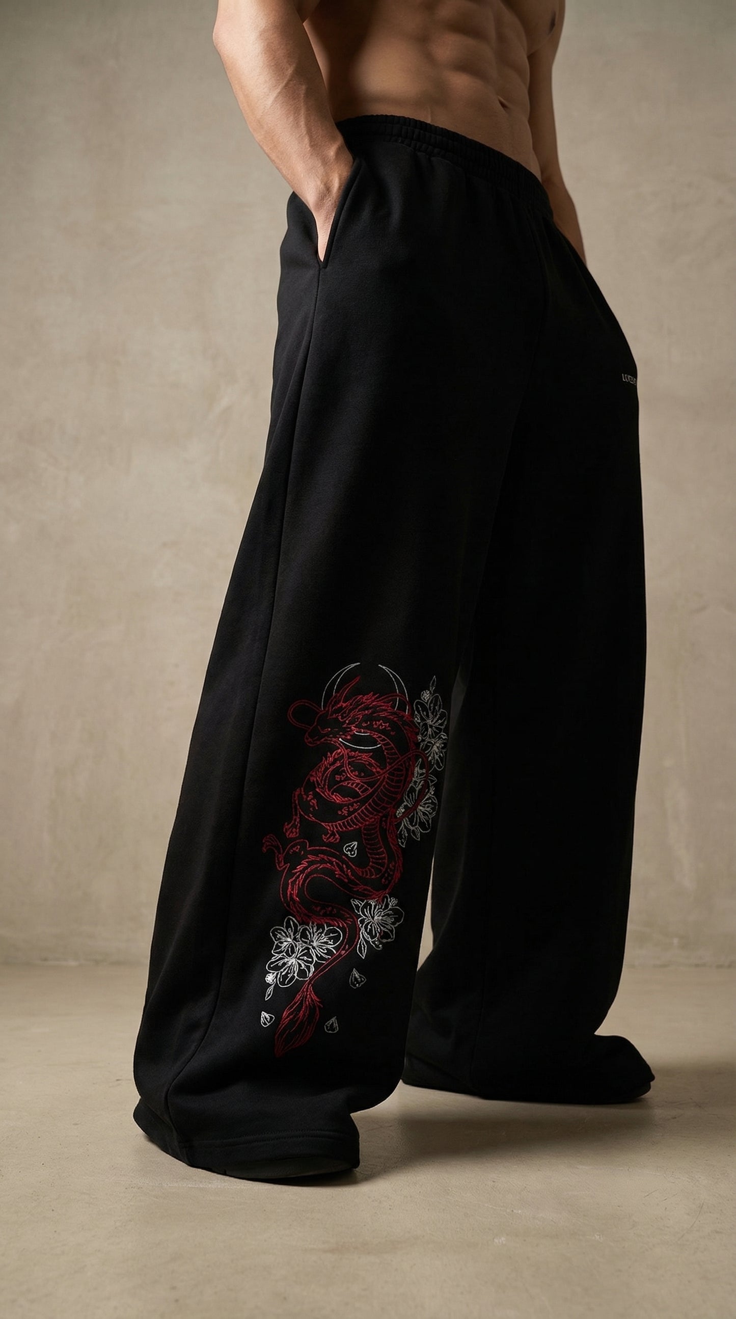 Crimson Dragon Wide-Leg  Cotton Joggers