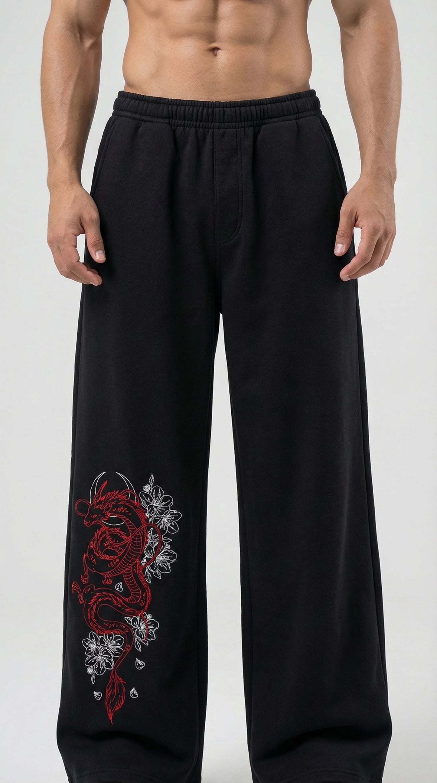 Crimson Dragon Wide-Leg  Cotton Joggers