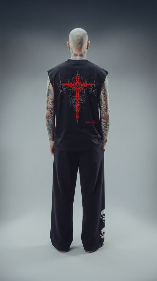 LUXENBOURG CRIMSON CRUCIFIX COTTON OVERSIZED VEST